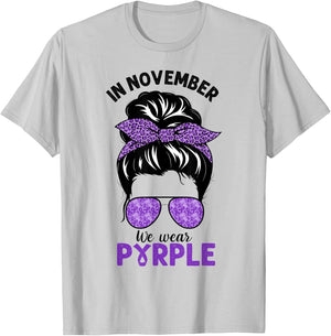 In November We Wear Purple Pancreatic Cancer Messy Bun T-Shirt - T-Shirt | Ash