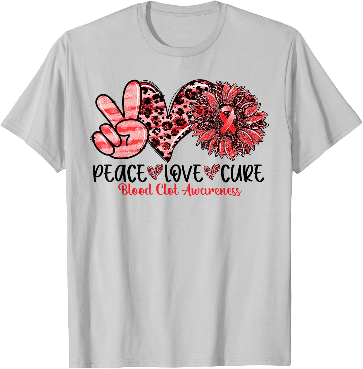 Peace Love Cure Sunflower Red Ribbon Blood Clot Awareness T-Shirt - T-Shirt | Ash