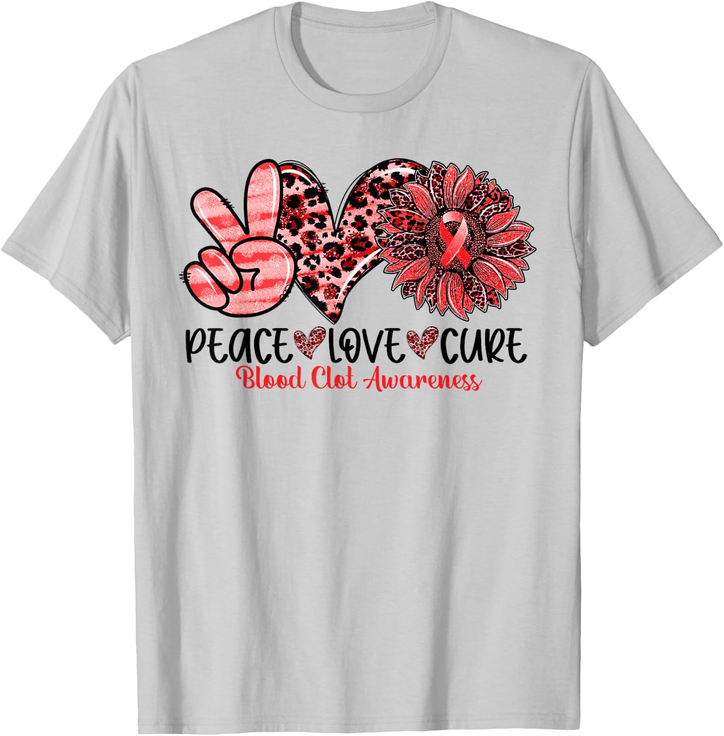 Peace Love Cure Sunflower Red Ribbon Blood Clot Awareness T-Shirt - T-Shirt | Ash