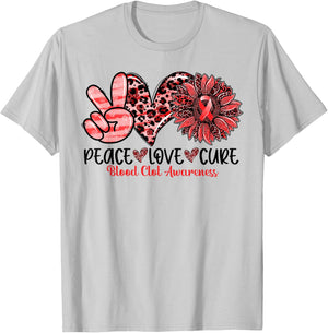 Peace Love Cure Sunflower Red Ribbon Blood Clot Awareness T-Shirt - T-Shirt | Ash