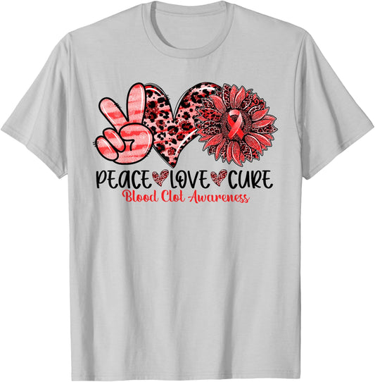 Peace Love Cure Sunflower Red Ribbon Blood Clot Awareness T-Shirt - T-Shirt | Ash