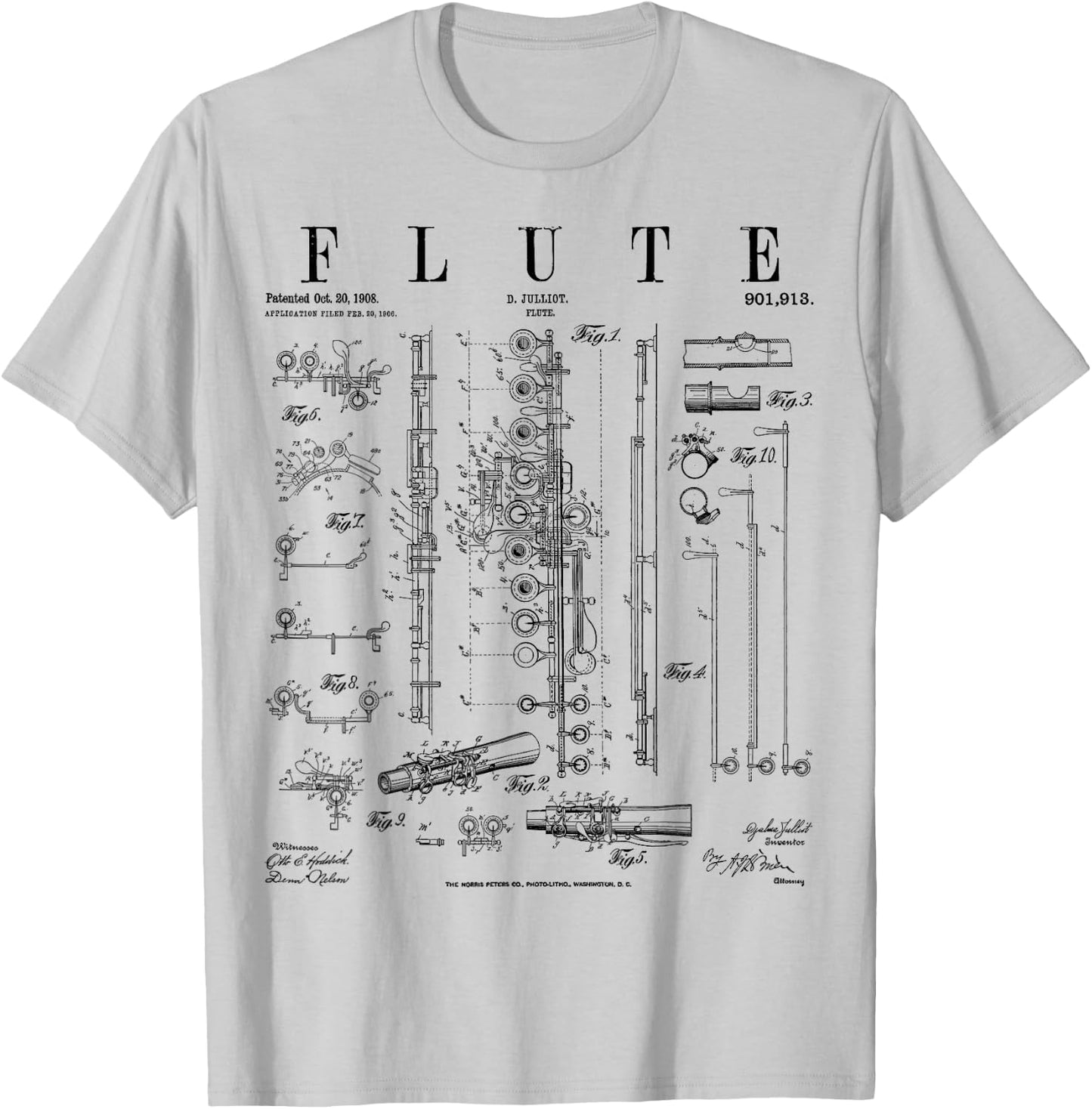 Grandio Design Vintage Patent Drawing Gifts Flute Vintage Patent Flutist Flautist Drawing Print T-Shirt - T-Shirt | Ash