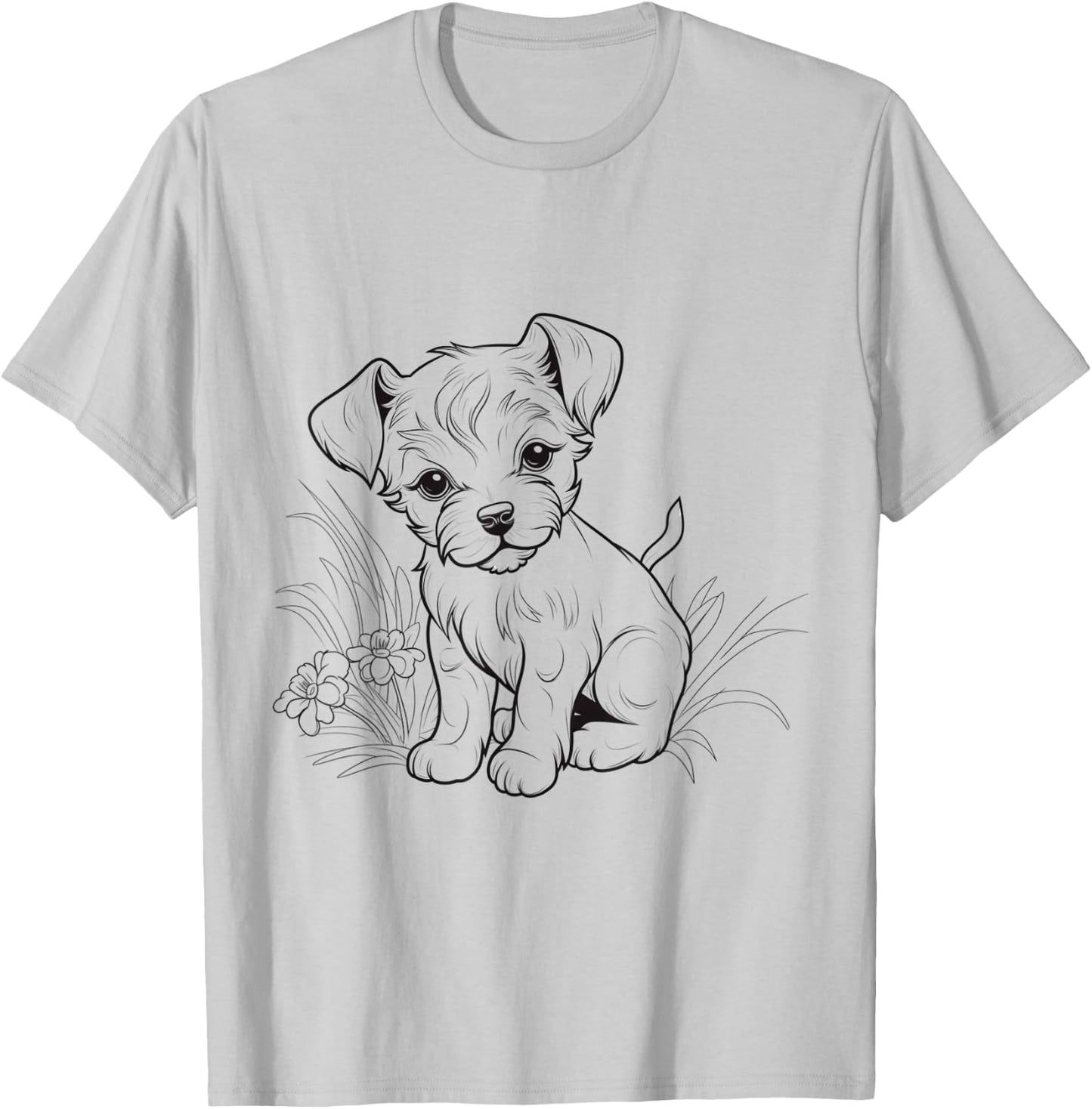 Cute Puppy Line Art – Hand Drawn Dog Sketch Design T-Shirt - T-Shirt | Ash