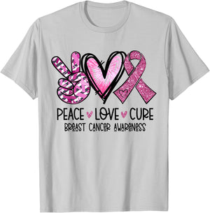 Peace Love Cure Pink Ribbon Cancer Breast Awareness T-Shirt - T-Shirt | Ash