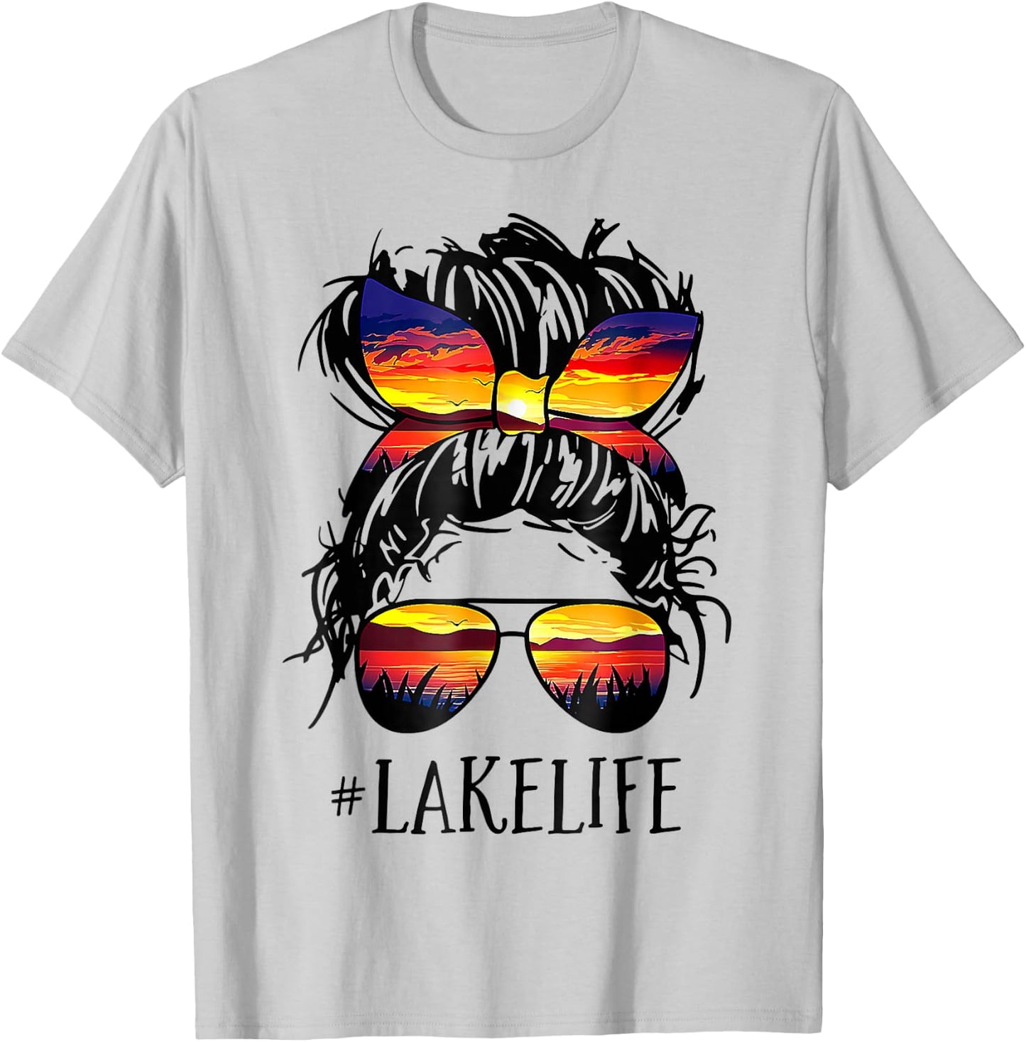Lake Life Messy Bun Hair Girl Retro Lake Summer T-Shirt - T-Shirt | Ash
