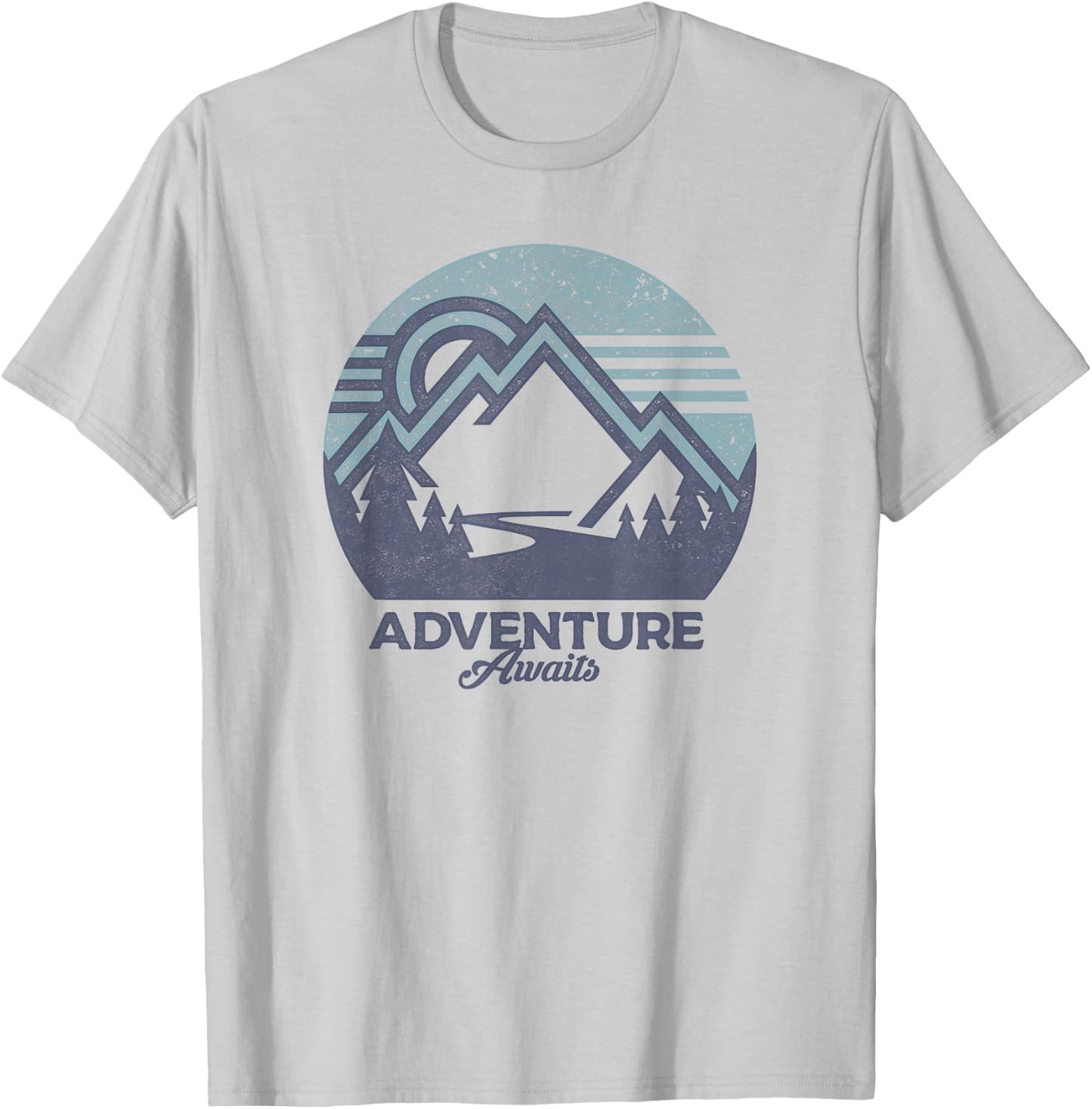 Trendy Adventure Awaits Graphic Blue Mountain Circle T-Shirt - T-Shirt | Ash