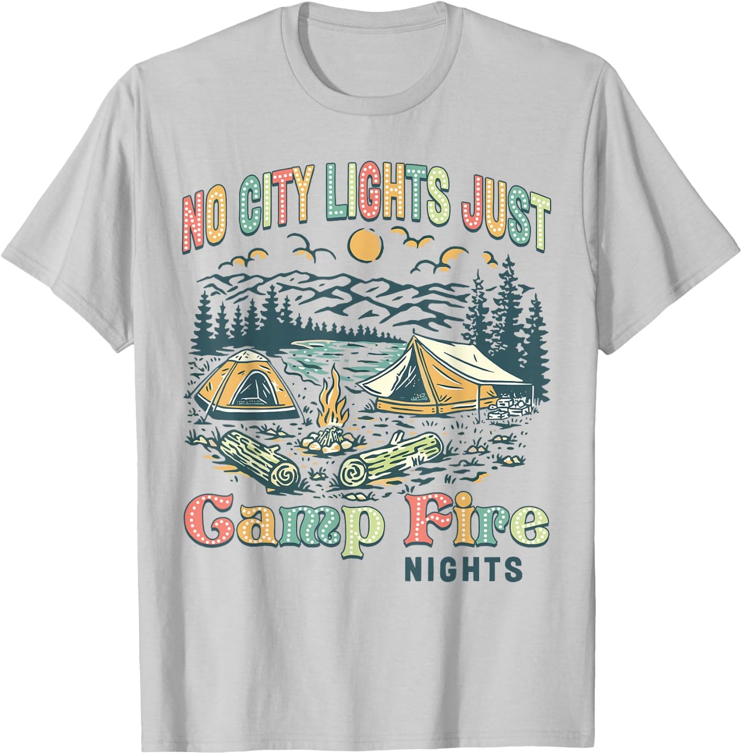 No City Lights Just Camp Fire Nights Women Men Retro Camping T-Shirt - T-Shirt | Ash