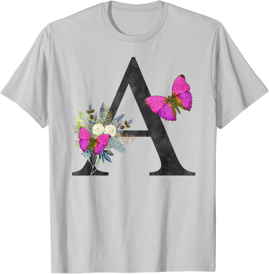 Initial A Letter Butterfly Rose Flowers Watercolor Monogram T-Shirt - T-Shirt | Ash
