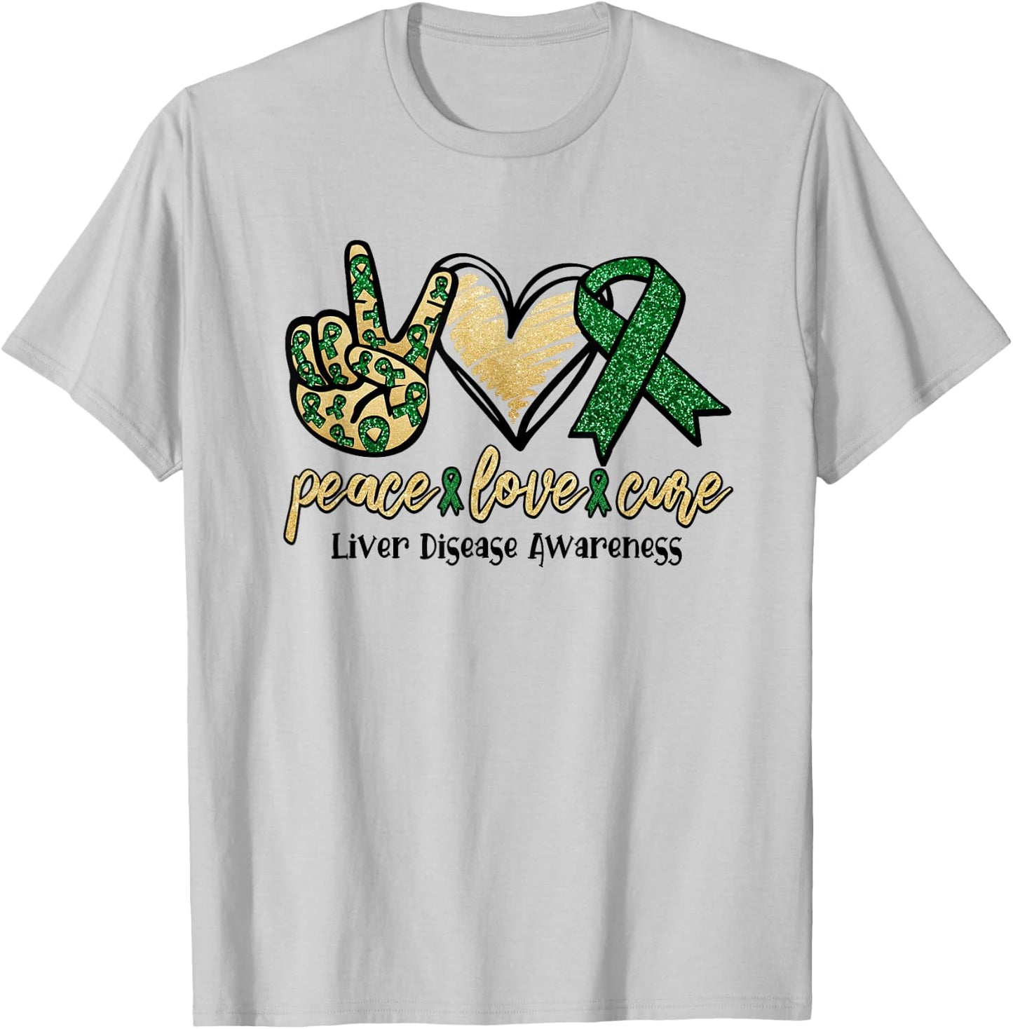 Peace Love Cure Liver Disease Shirt Awareness Ribbon Walk T-Shirt - T-Shirt | Ash