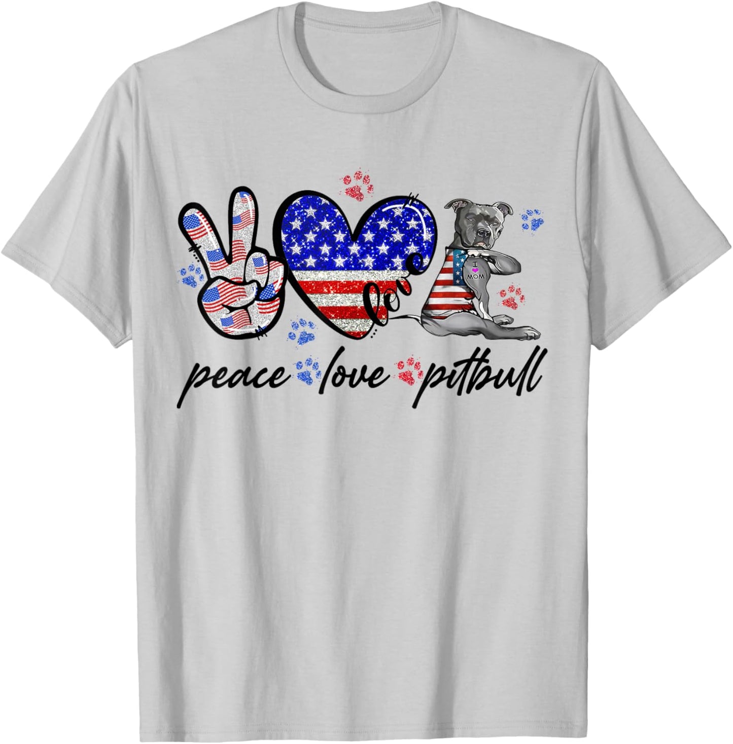 Peace Love Pitbull 4th of July American Flag USA T-Shirt - T-Shirt | Ash