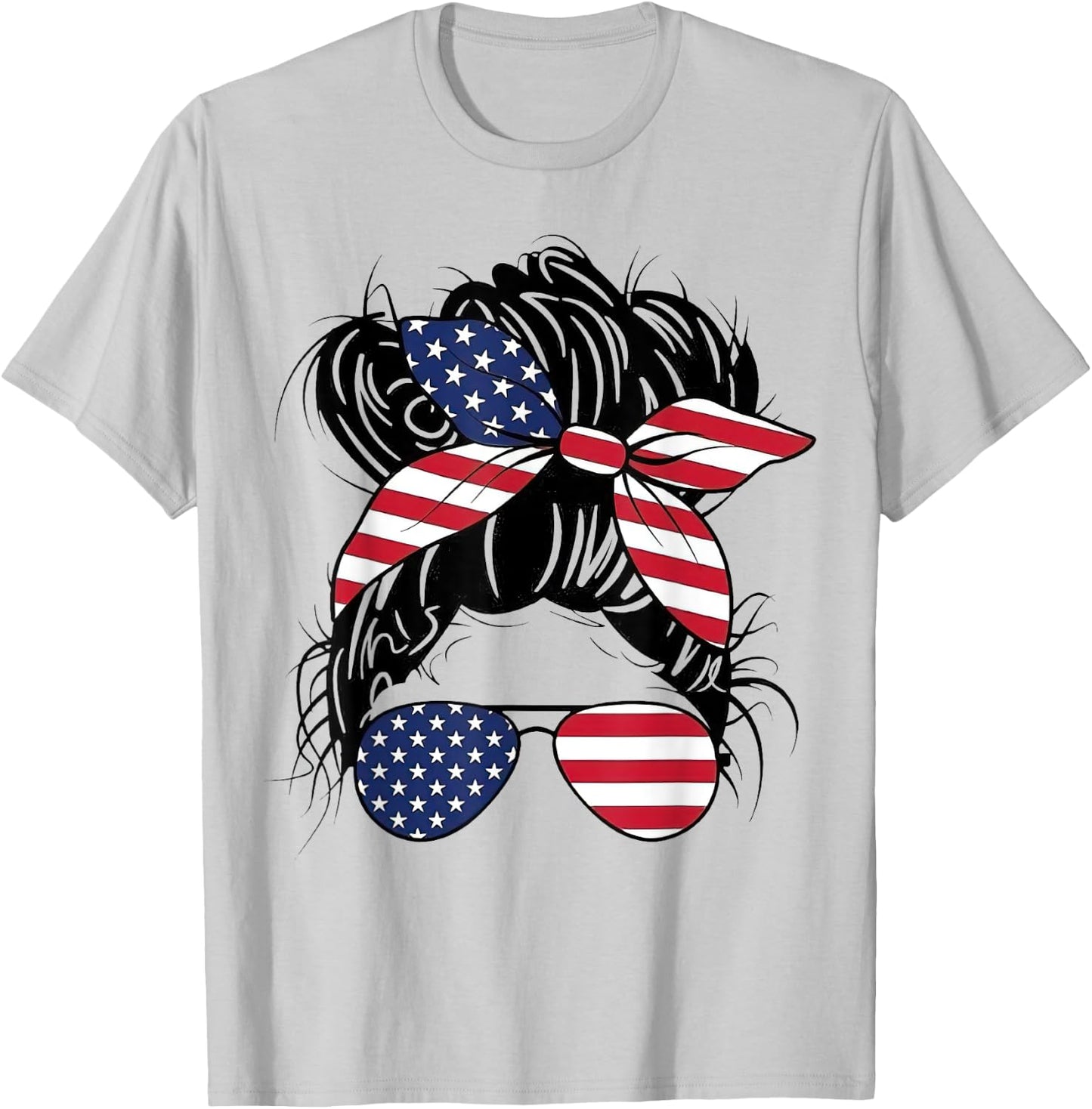 Messy Bun USA Flag Glasses American Flag American Girl T-Shirt - T-Shirt | Ash