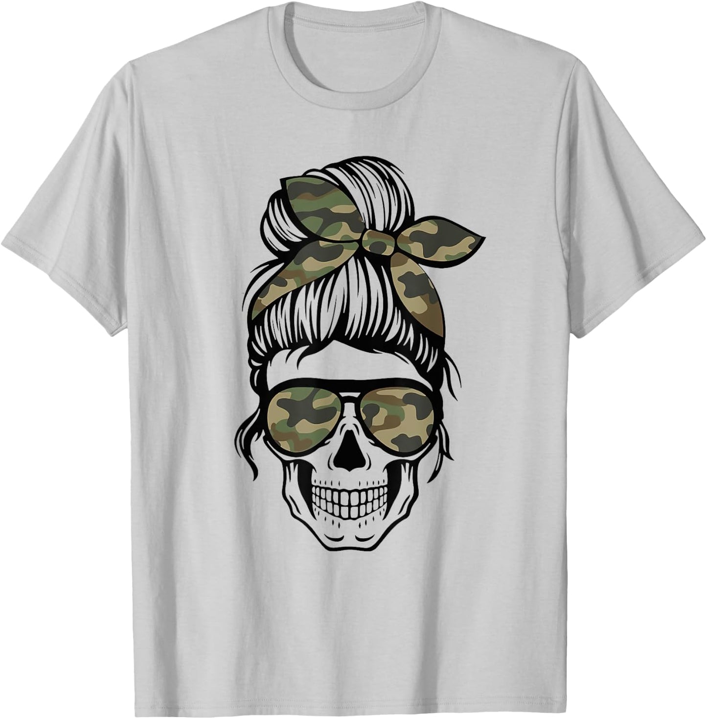 Camo Mom Skull Messy Bun Skull Mom Life Camo Patriotic Men T-Shirt - T-Shirt | Ash