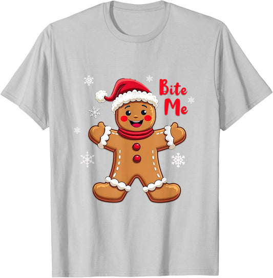 BITE ME Gingerbread Man Funny Sarcastic Christmas T-Shirt - T-Shirt | Ash