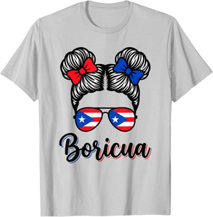 Puerto Rico Boricua Girl Retro Hair Sunglasses Souvenir T-Shirt - T-Shirt | Ash