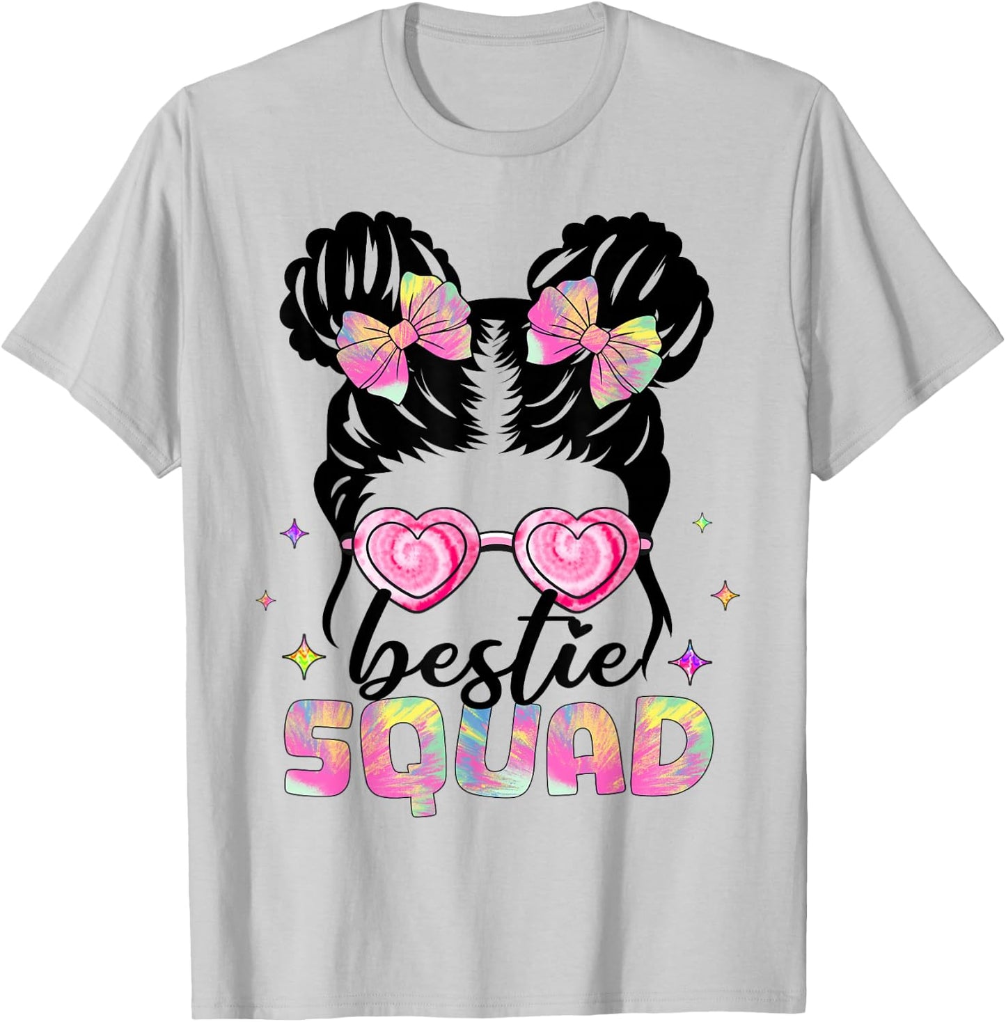 Bestie Squad Girls Kids Teens Messy Bun Best Friends Tie Dye T-Shirt - T-Shirt | Ash
