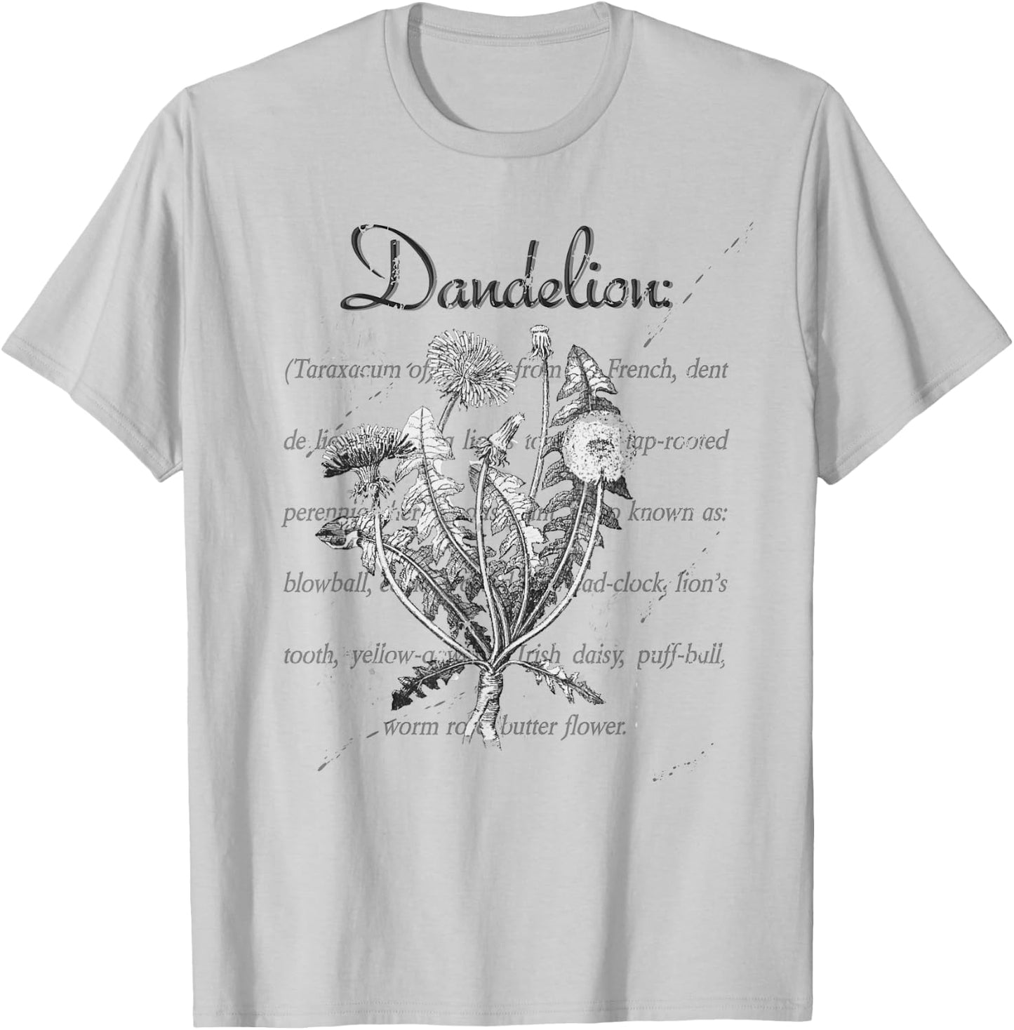 Dandelion Vintage Botanical Illustration with Definition T-Shirt - T-Shirt | Ash