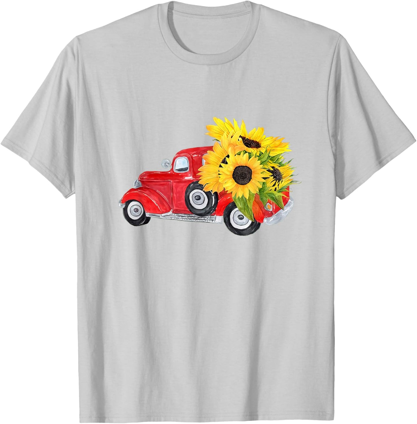 Hello Fall Red Truck With Sunflowers Autumn Season Greeting T-Shirt - T-Shirt | Ash