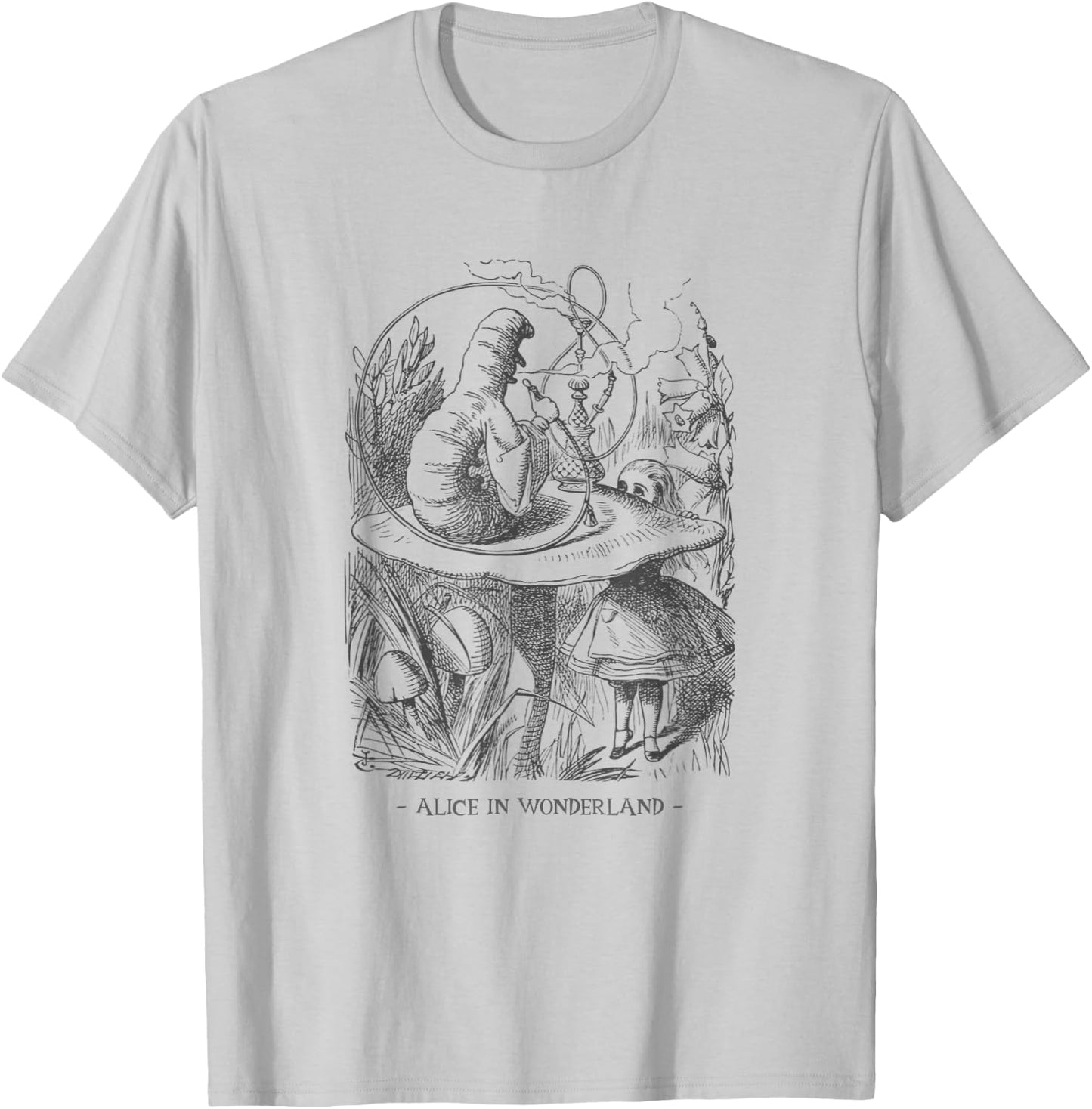 Alice In Wonderland - with Caterpillar Absolem on Mushroom T-Shirt - T-Shirt | Ash