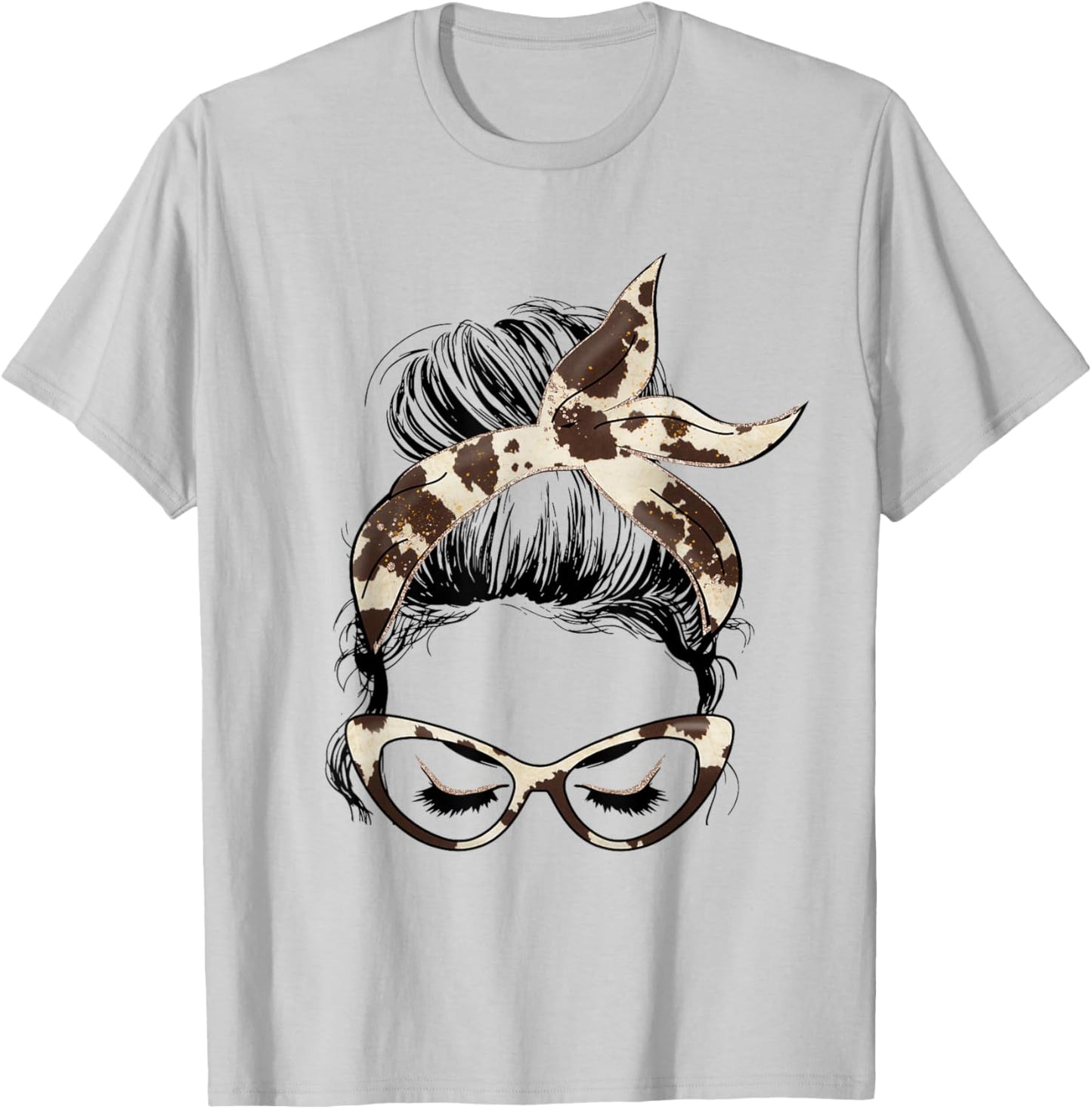 Mom Life Messy Bun Hair Bandana Cow Hide Print T-Shirt - T-Shirt | Ash