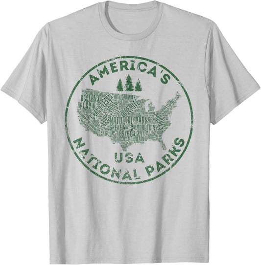 National Parks Map Hiking Travel Camping Outdoors Retro USA T-Shirt - T-Shirt | Ash