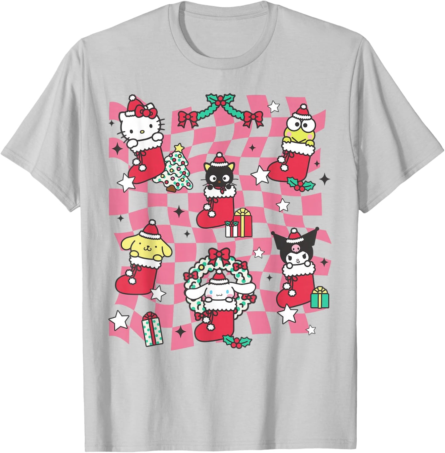 Hello Kitty and Friends Christmas Holiday Stockings Collage T-Shirt - T-Shirt | Ash