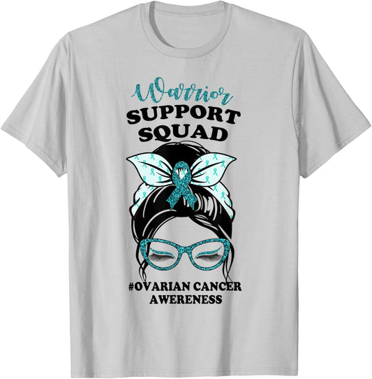 Support Squad Messy Bun Warrior Ovarian Cancer Awareness T-Shirt - T-Shirt | Ash