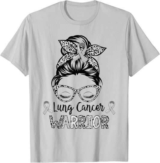 Lung Cancer Warrior Messy Bun Lung Warrior T-Shirt - T-Shirt | Ash