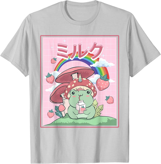 Cottagecore Aesthetic Kawaii Frog Drinking Japanese Milk T-Shirt - T-Shirt | Ash