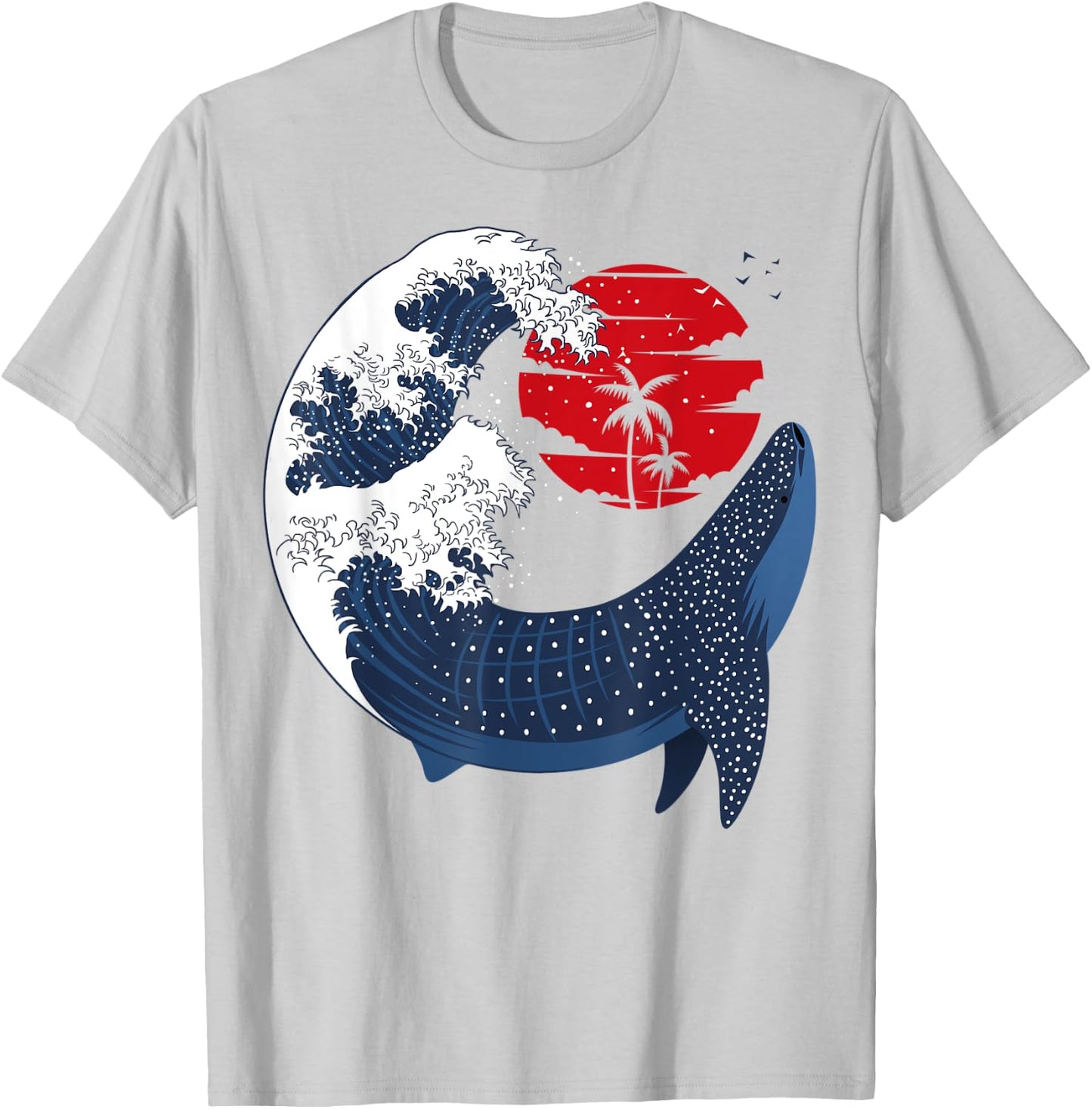 Large Shark Whale Japanese Wave T-Shirt - T-Shirt | Ash