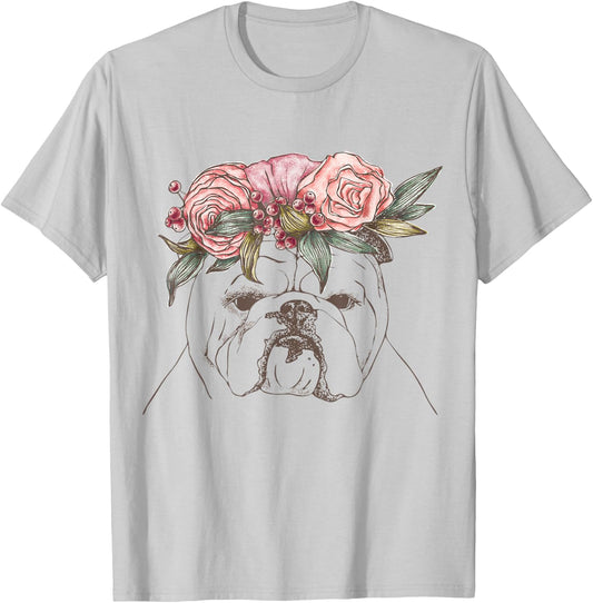 Outline with flowers English British Bulldog Women Girls Kids T-Shirt - T-Shirt | Ash
