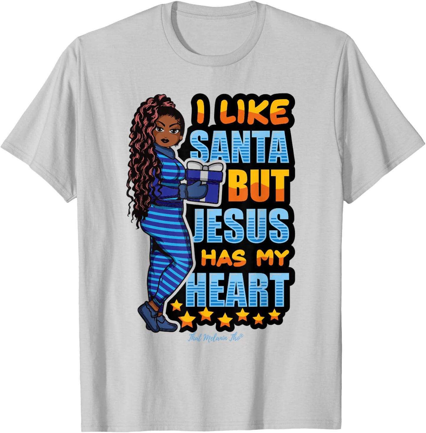 I Like Santa But Jesus Has My Heart Black Woman Christmas T-Shirt - T-Shirt | Ash