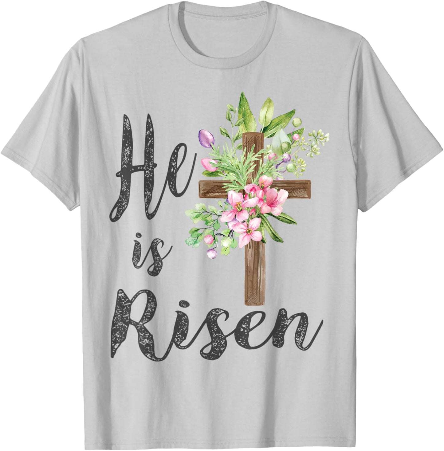 He is Risen Floral Cross Vintage Happy Easter T-Shirt - T-Shirt | Ash