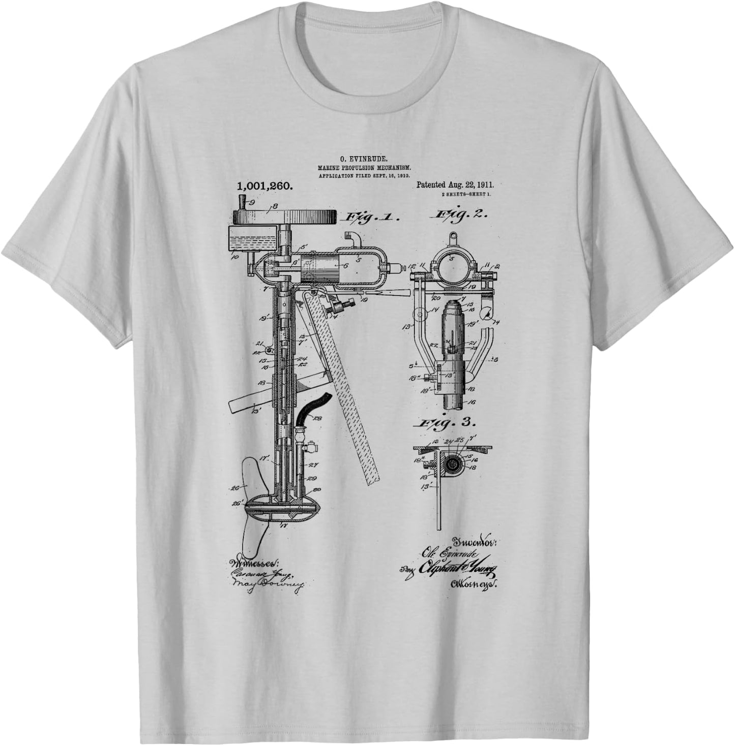 Vintage Patent Print 1911 Outboard Motor Blueprint Drawings T-Shirt - T-Shirt | Ash