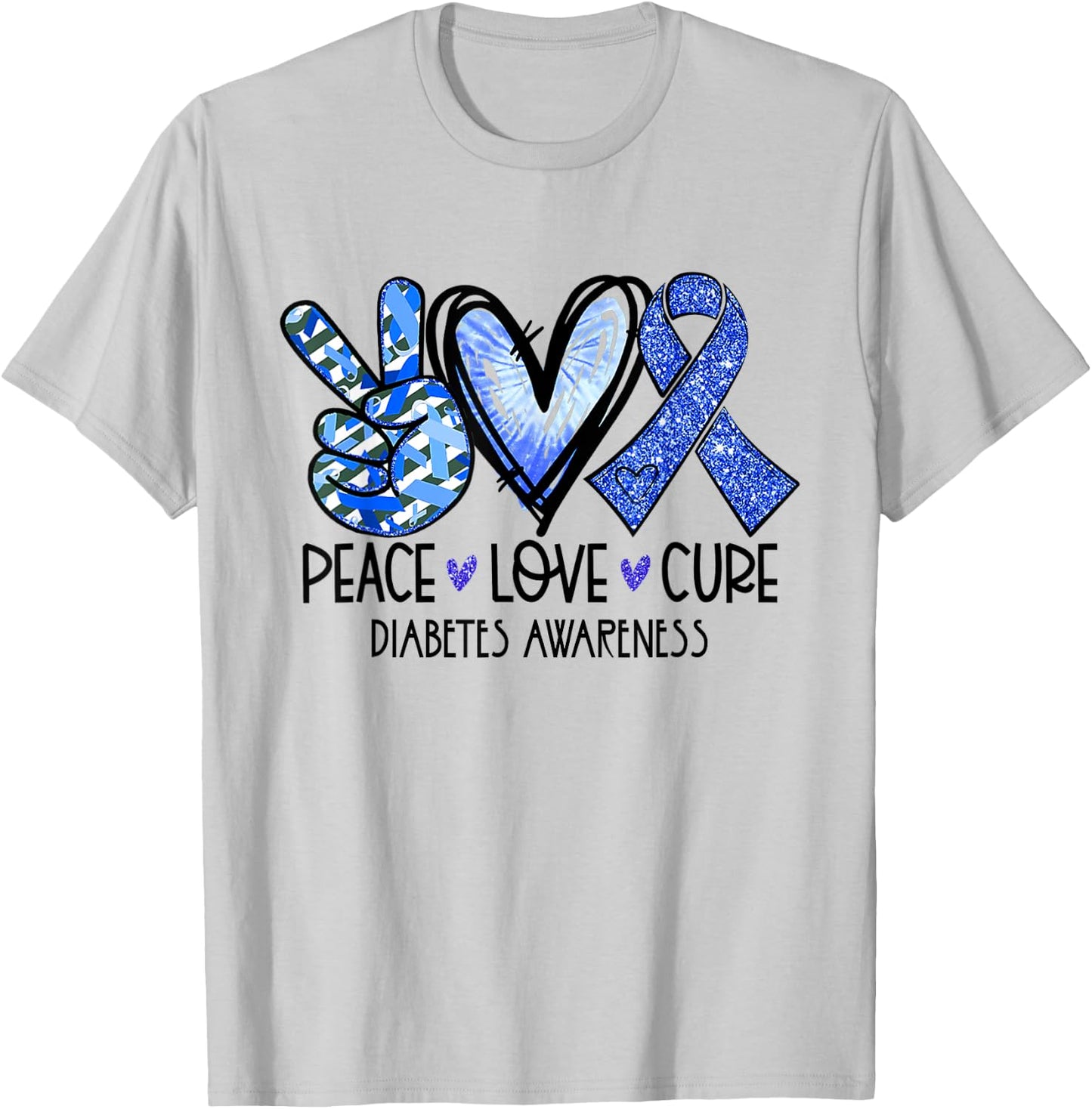 Peace Love Cure Type 1 Diabetes Awareness T1D Blue Ribbon T-Shirt - T-Shirt | Ash