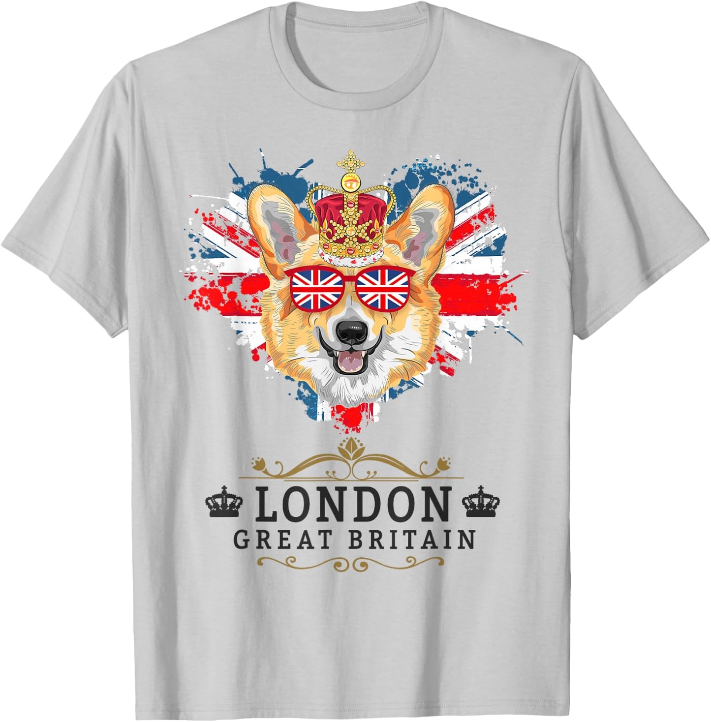 London Idea For Kids With Union Jack Flag Of England & Corgi T-Shirt - T-Shirt | Ash