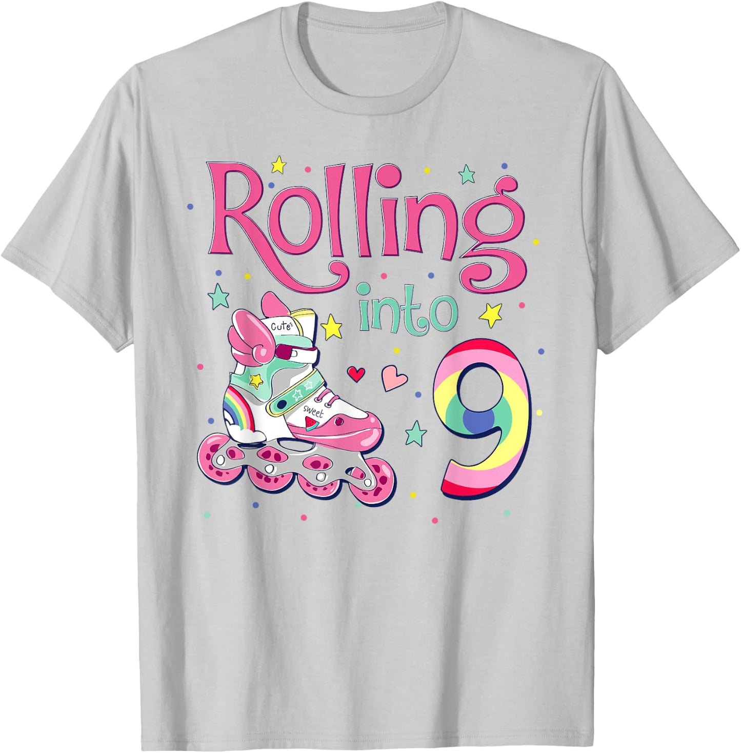 9th Bday Rolling Into 9 Birthday Girl Roller Skate Party T-Shirt - T-Shirt | Ash