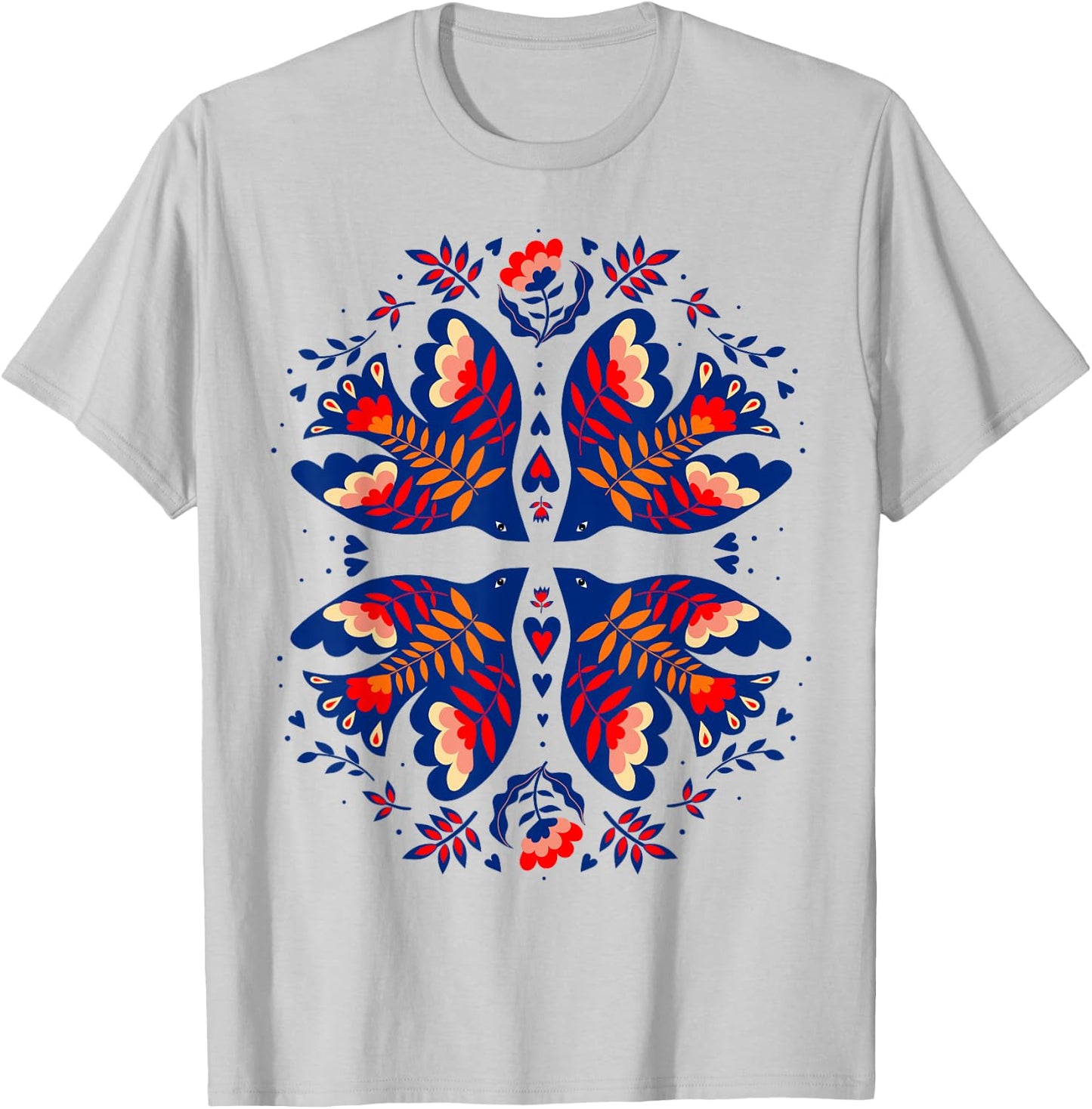 Free Ukraine Folk Art Flowers Birds Hearts Vyshywanka Style T-Shirt - T-Shirt | Ash