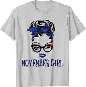 November Girl Galaxy Woman Face Messy Bun Hair Bandana Bday T-Shirt - T-Shirt | Ash