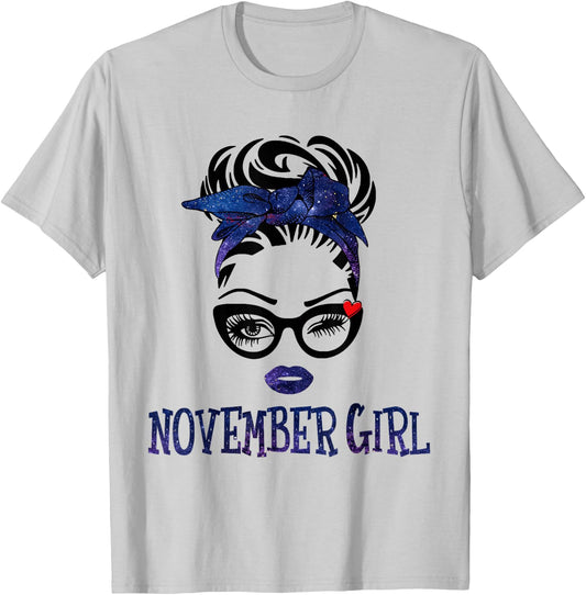 November Girl Galaxy Woman Face Messy Bun Hair Bandana Bday T-Shirt - T-Shirt | Ash