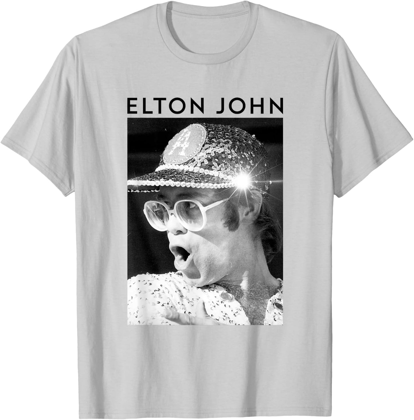 Elton John Official Black & White Photo Sequin Cap T-Shirt - T-Shirt | Ash