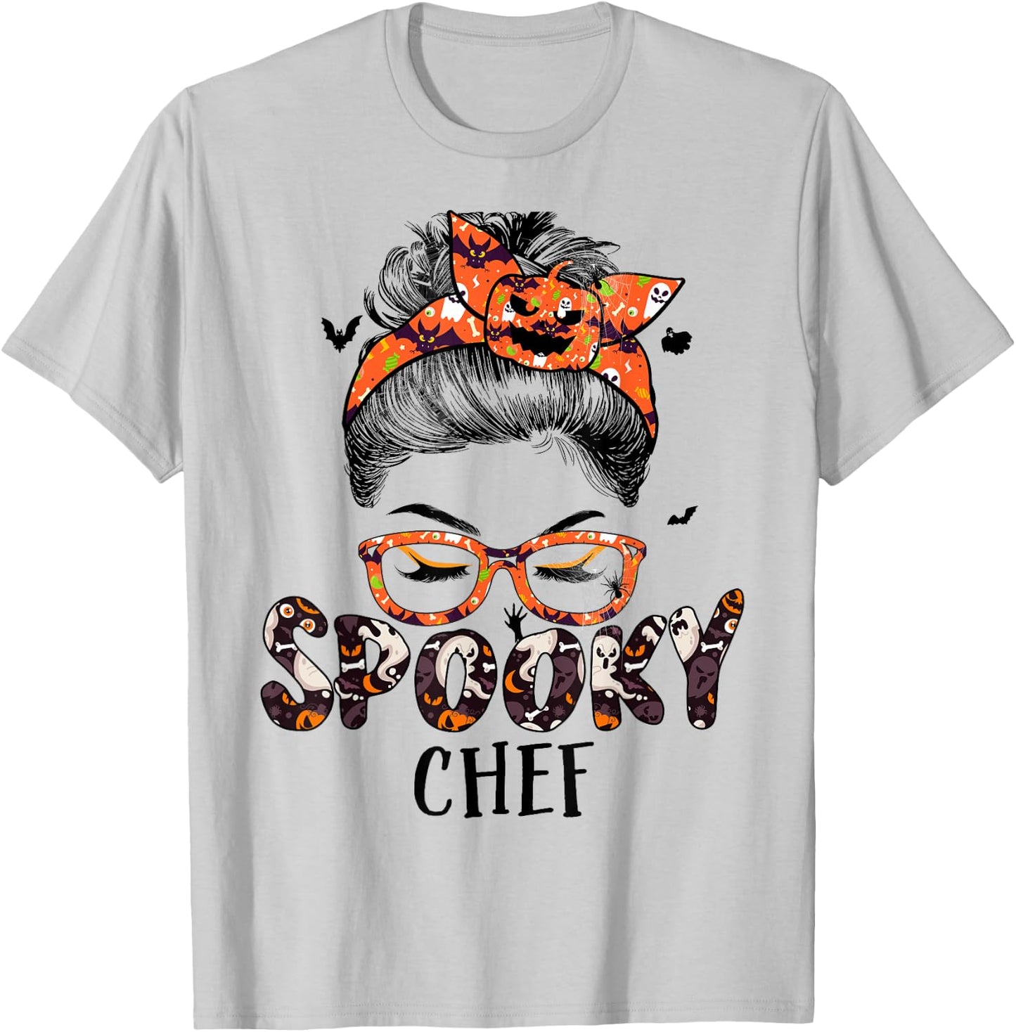 Messy Bun Spooky Chef Women Pumpkin Halloween Bat T-Shirt - T-Shirt | Ash