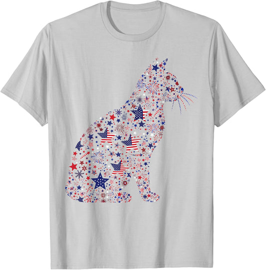 Patriotic Cat 4th of July American Flag Fireworks Cats Lover T-Shirt - T-Shirt | Ash