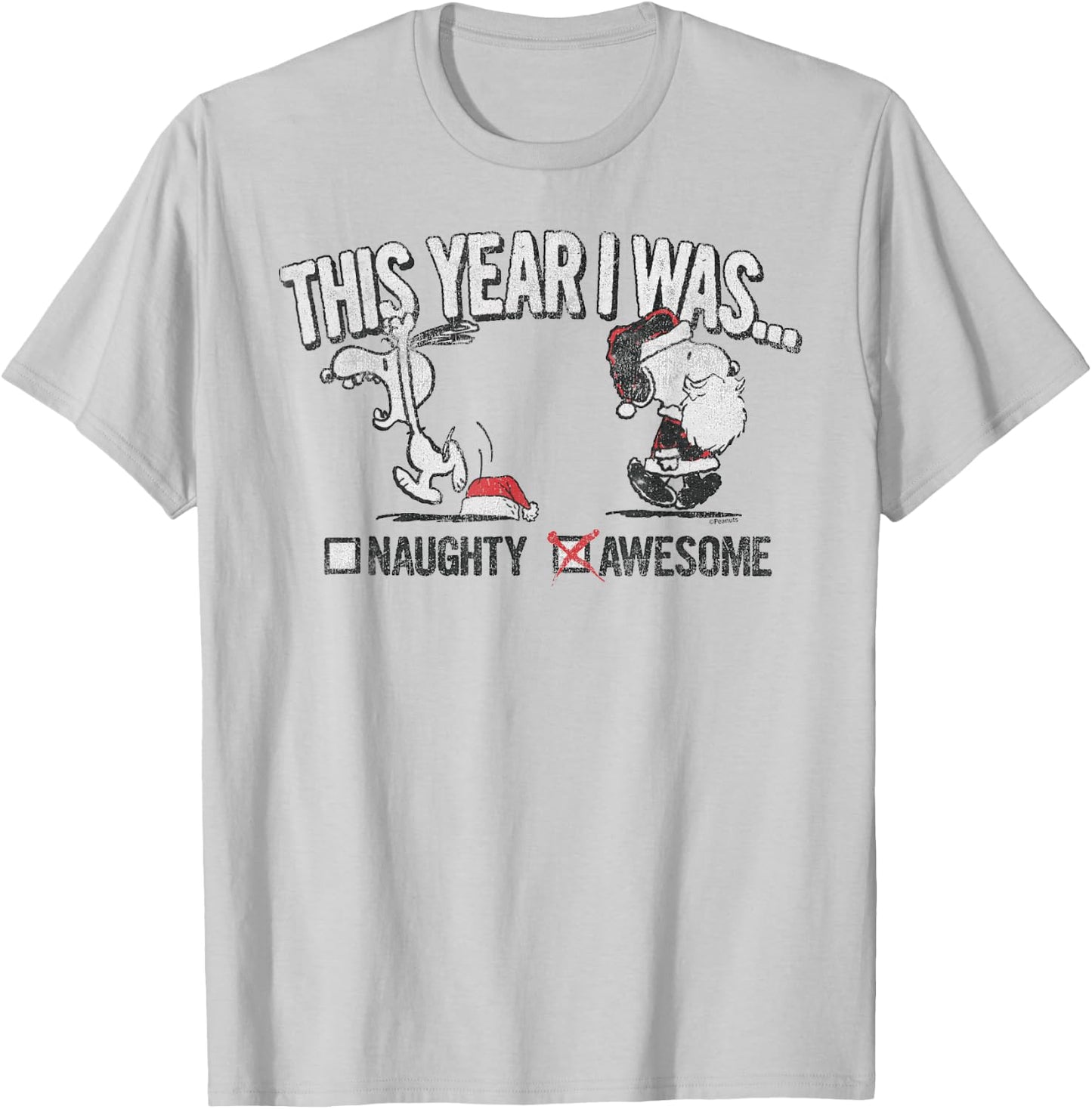 Peanuts Snoopy Naughty Awesome Christmas T-Shirt - T-Shirt | Ash