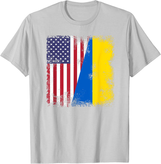 Half Ukrainian Flag | Vintage Ukraine USA Gift T-Shirt - T-Shirt | Ash