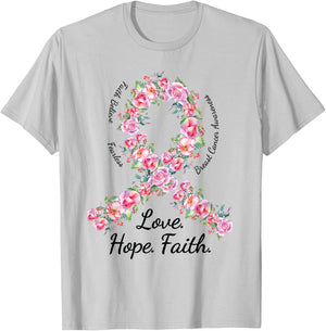 Love Hope Faith Floral Pink Ribbon Breast Cancer Shirt T-Shirt - T-Shirt | Ash