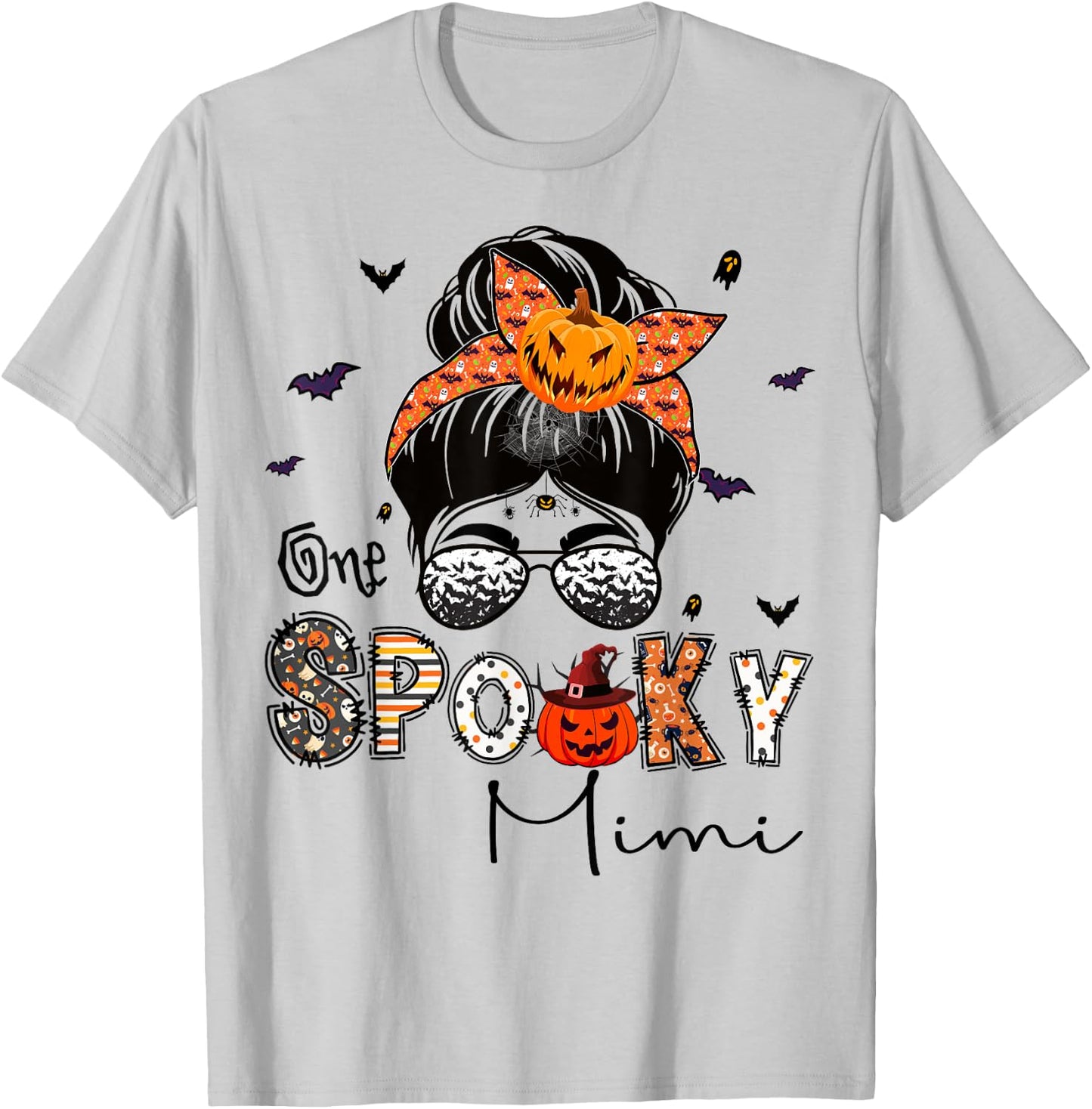One Spooky Mimi Messy Bun Grandma Pumpkin Halloween T-Shirt - T-Shirt | Ash