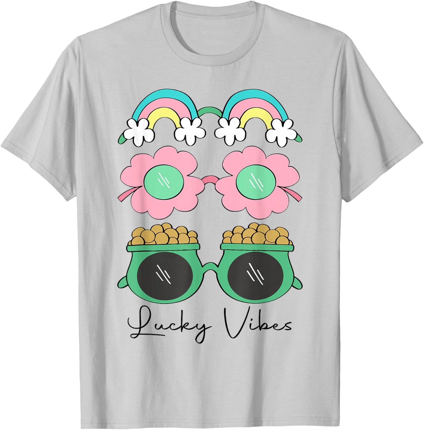 Funny Lucky Vibes Shamrock Women Retro Happy St Patricks Day T-Shirt - T-Shirt | Ash