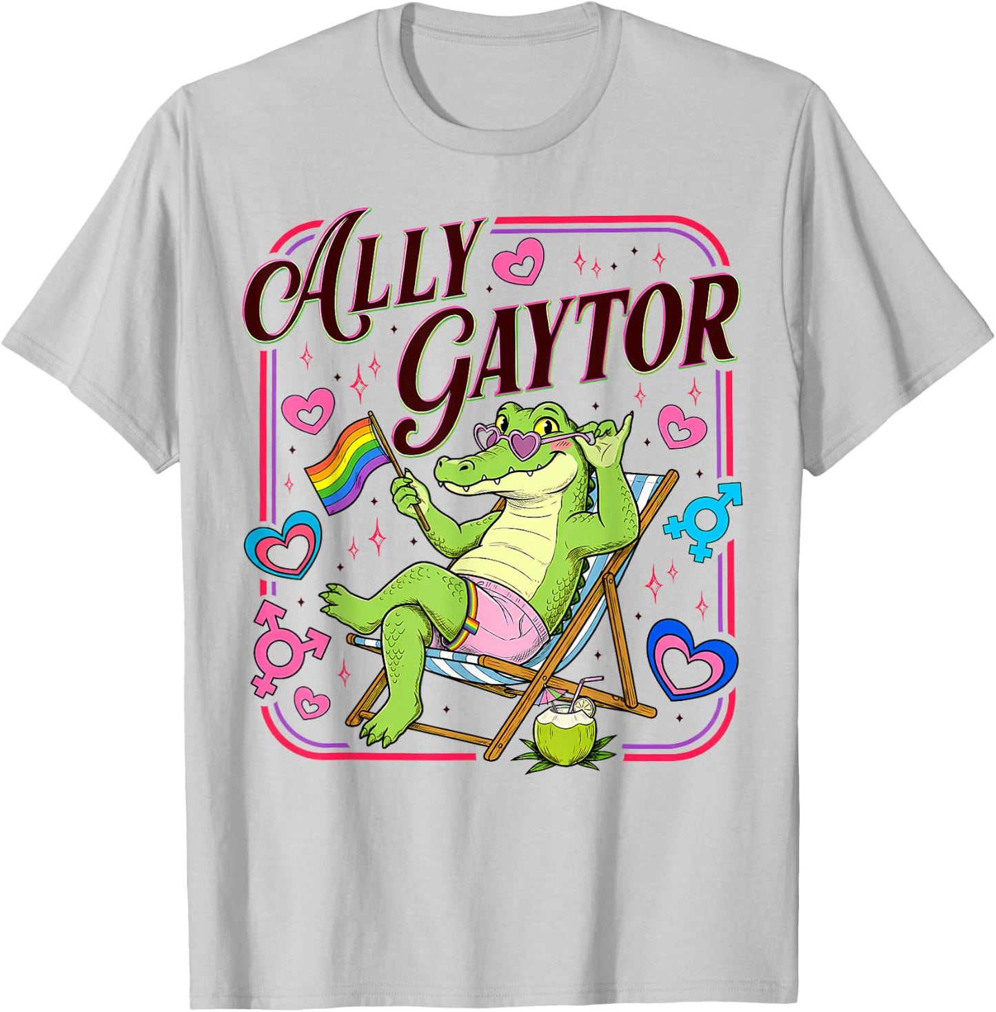 Ally Gator Pride LGBT Rainbow Flag Funny Alligator Men Women T-Shirt - T-Shirt | Ash