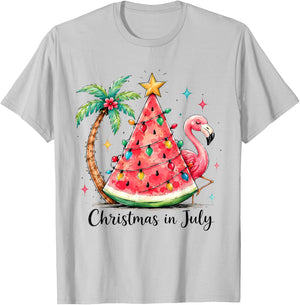 Christmas in July Watermelon Tree Flamingo Palm Tropical T-Shirt - T-Shirt | Ash