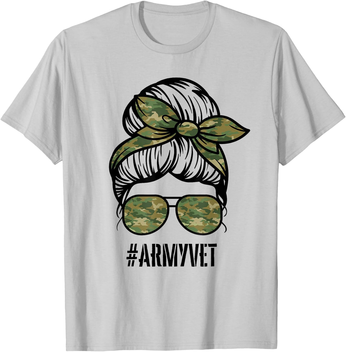 Army Vet Armyvet messy bun camouflage women's Veteran T-Shirt - T-Shirt | Ash